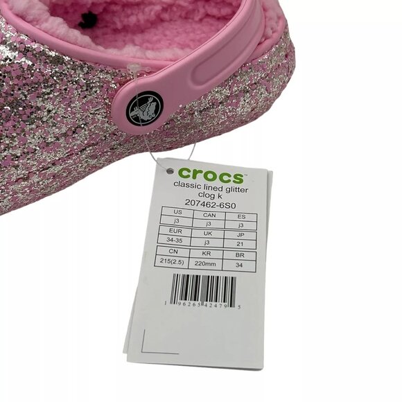 Crocs Youth Girls Slip-on Lined Clogs Sz 3 (J3) Pink Glitter Faux Fur Fuzzy Warm - Picture 9 of 14